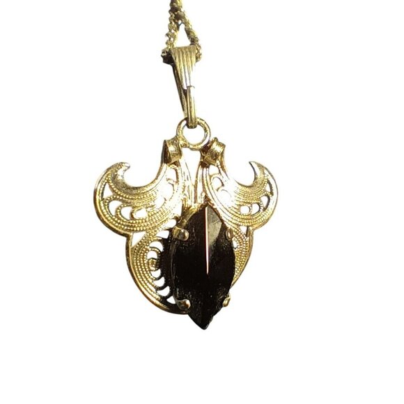 Vintage Silvertone Filigree Necklace Black Marquise Cut Stone Pendant Germany 16 - Picture 7 of 8